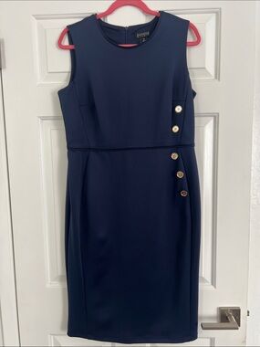 Evan Picone Navy Sleeveless Sheath Dress with Gold Buttons Detail